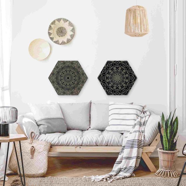 Hexagons houten schilderijen - 2-delig Mandala Flower Star Pattern Black