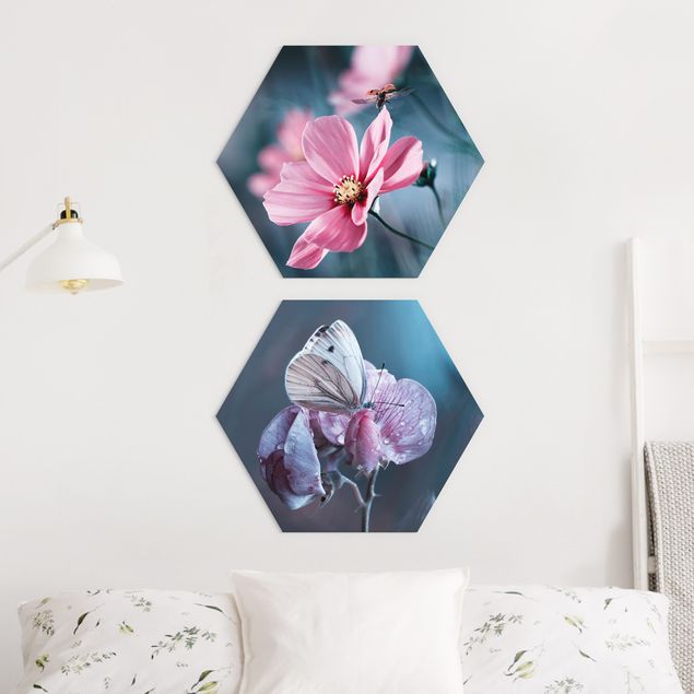 Hexagons Aluminium Dibond schilderijen - 2-delig Butterfly And Ladybug On Flowers