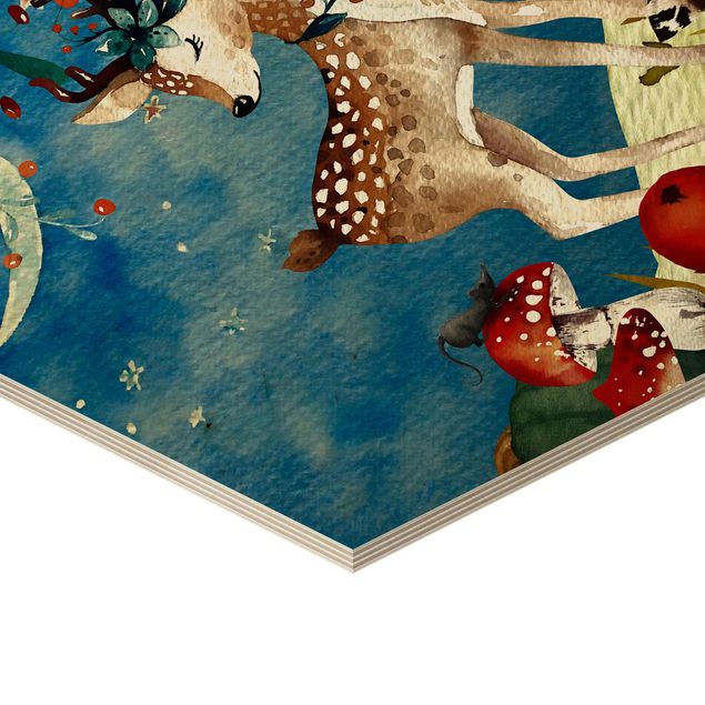 Hexagons houten schilderijen Watercolor Deer In The Moonlight