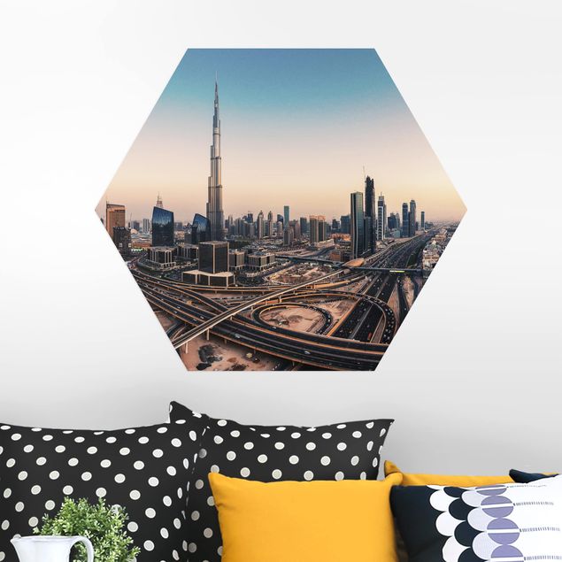 Hexagons Aluminium Dibond schilderijen Abendstimmung in Dubai