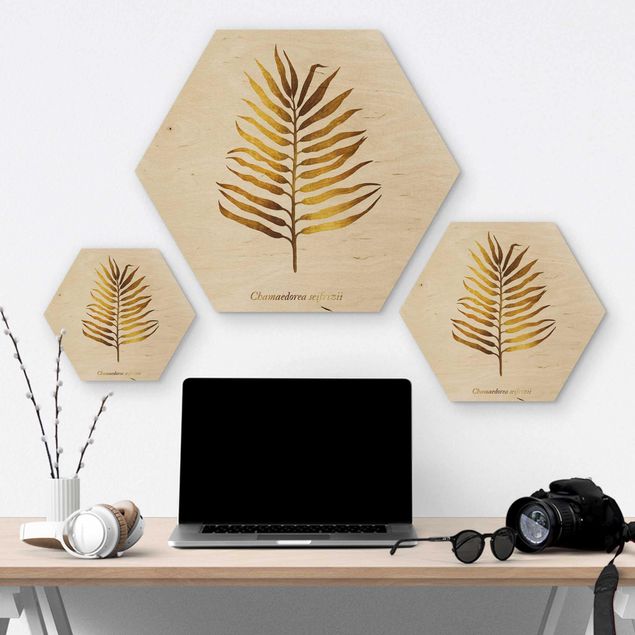 Hexagons houten schilderijen Gold - Palm Leaf II