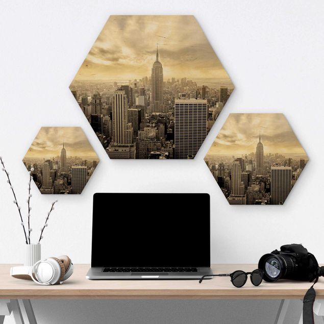 Hexagons houten schilderijen Manhattan Dawn