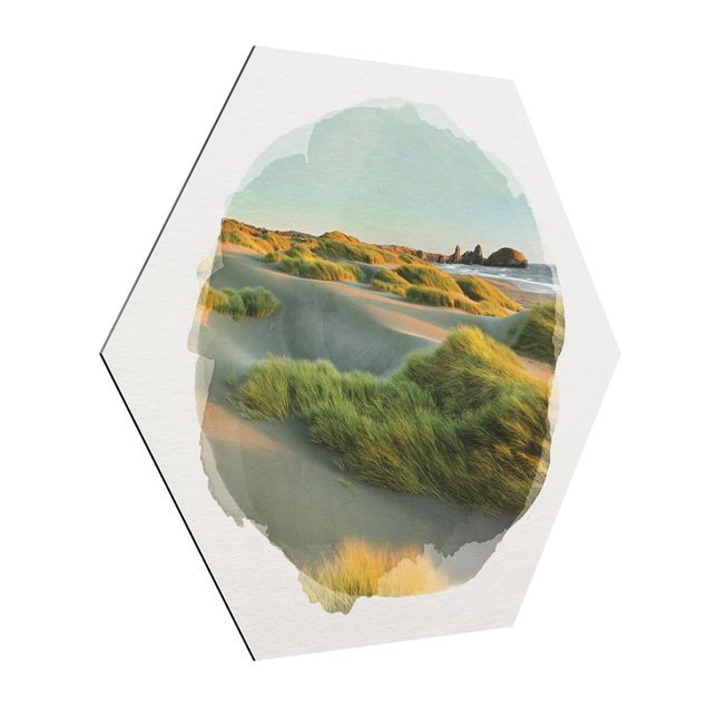 Hexagons Aluminium Dibond schilderijen WaterColours - Dunes And Grasses At The Sea