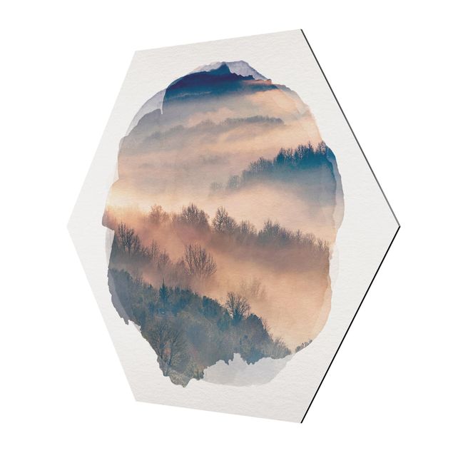 Hexagons Aluminium Dibond schilderijen WaterColours - Mist At Sunset