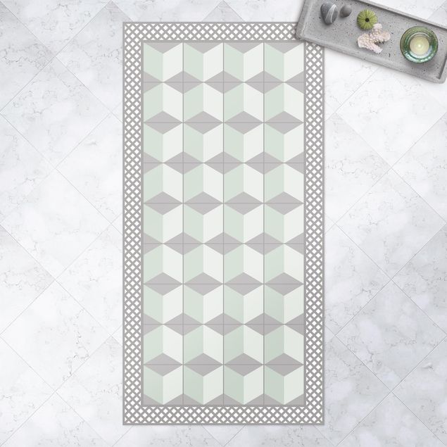 balkon tapijt Geometrical Tiles Illusion Of Stairs In Mint Green With Border