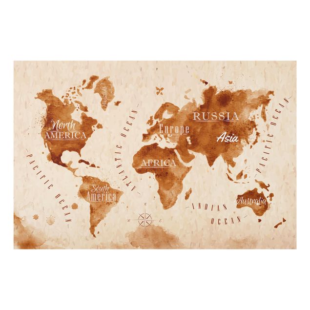 Spatscherm keuken World Map Watercolor Beige Brown
