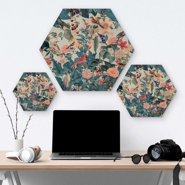 Hexagons houten schilderijen Vintage Collage - Bird Garden