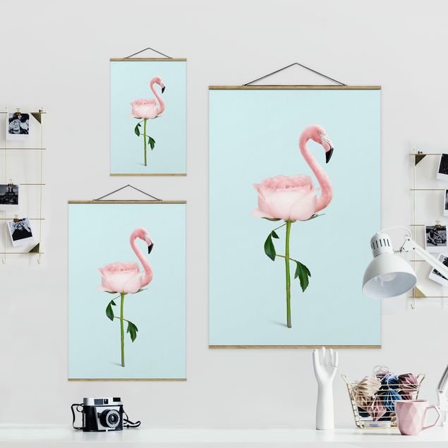 Stoffen schilderij met posterlijst Flamingo With Rose