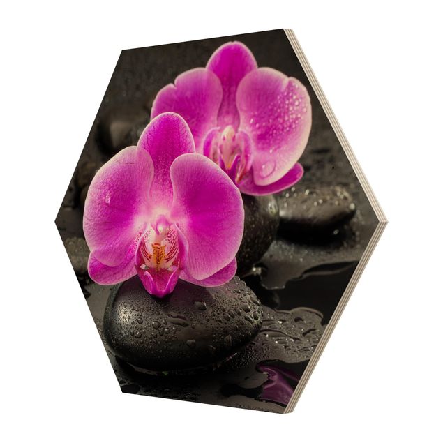 Hexagons houten schilderijen Pink Orchid Flowers On Stones With Drops