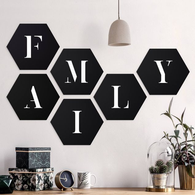 Hexagons Forex schilderijen - 6-delig Letters FAMILY White Set II