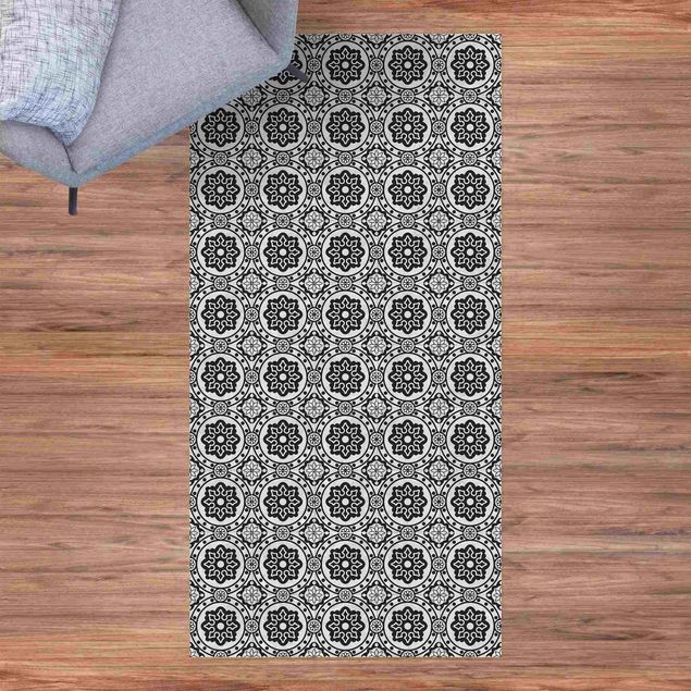 Loper tapijt Floral Tiles Black And White