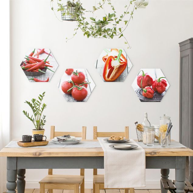 Hexagons Aluminium Dibond schilderijen - 4-delig Red Vegetables