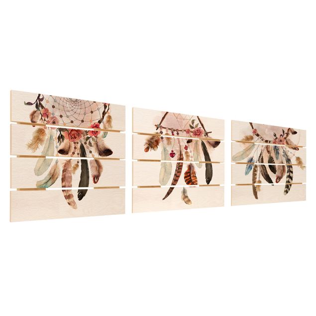 Houten schilderijen op plank - 3-delig Watercolour Dream Catcher With Feathers
