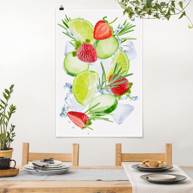 Posters Strawberries Lime Ice Cubes Splash