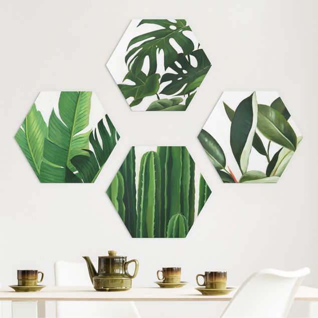 Hexagons Aluminium Dibond schilderijen - 4-delig Favorite Plants Tropical Set I