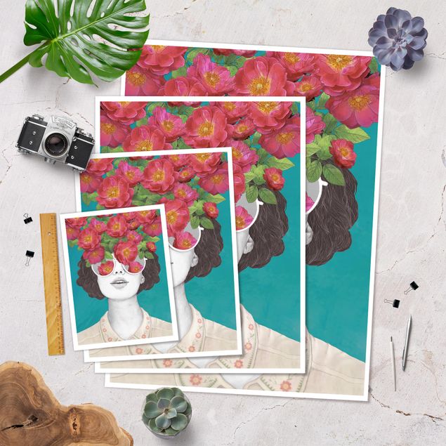 Posters Illustration Portrait Woman Collage With Flowers Glasses