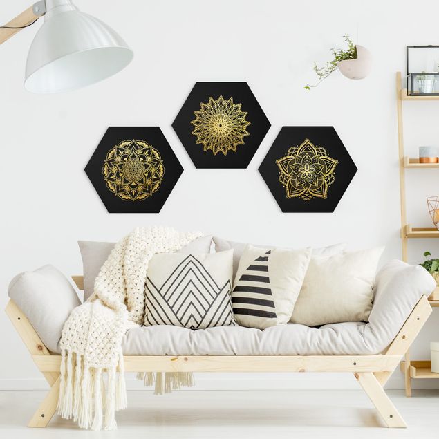 Hexagons Aluminium Dibond schilderijen - 3-delig Mandala Flower Sun Illustration Set Black Gold