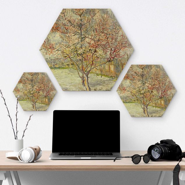 Hexagons houten schilderijen Vincent van Gogh - Flowering Peach Trees