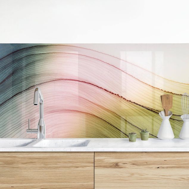 Achterwand voor keuken abstract Melierter Farbtanz Rosa Gelb mit Türkis