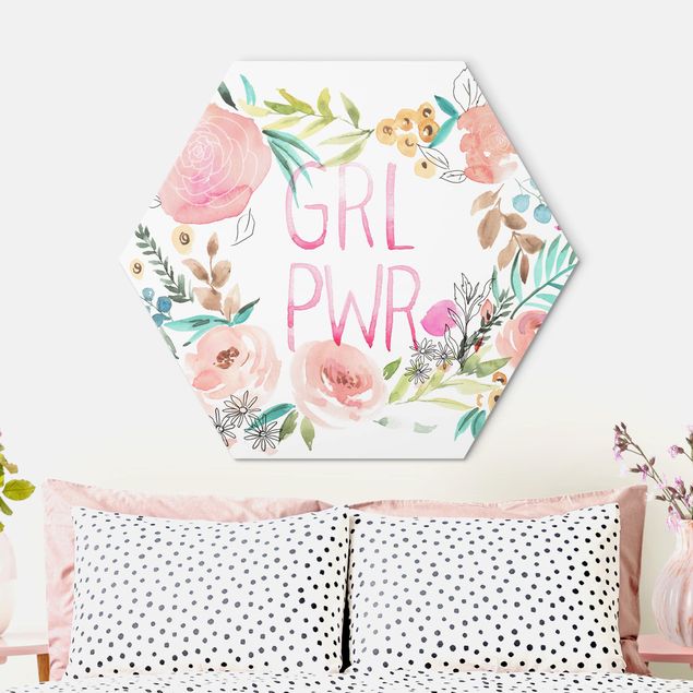 Hexagons Aluminium Dibond schilderijen Pink Flowers - Girl Power