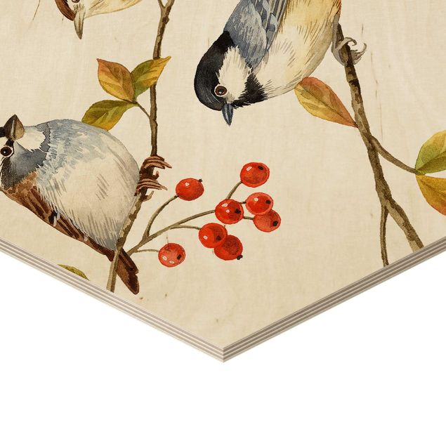 Hexagons houten schilderijen Birds And Berries - Tits