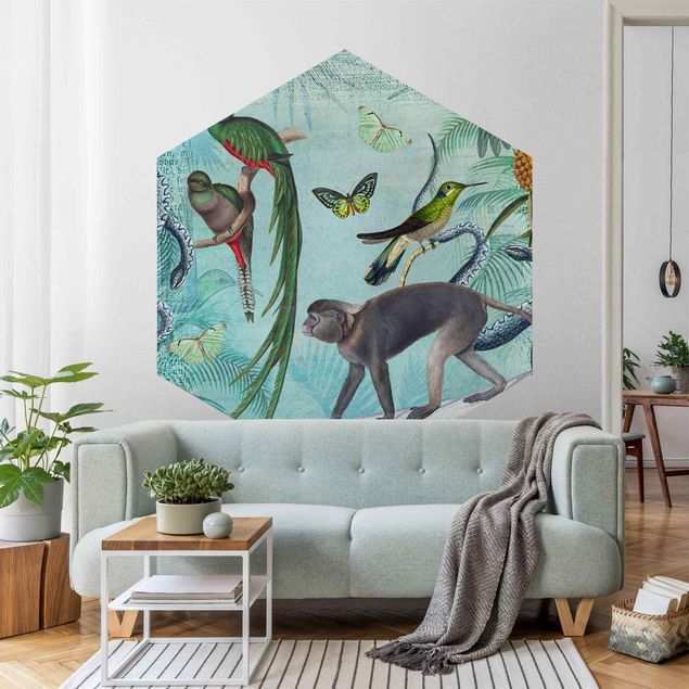 Hexagon Behang Colonial Style Collage - Monkeys And Birds Of Paradise