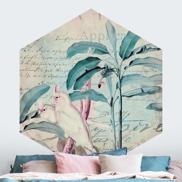 Hexagon Behang Colonial Style Collage - Cockatoos And Palm Trees
