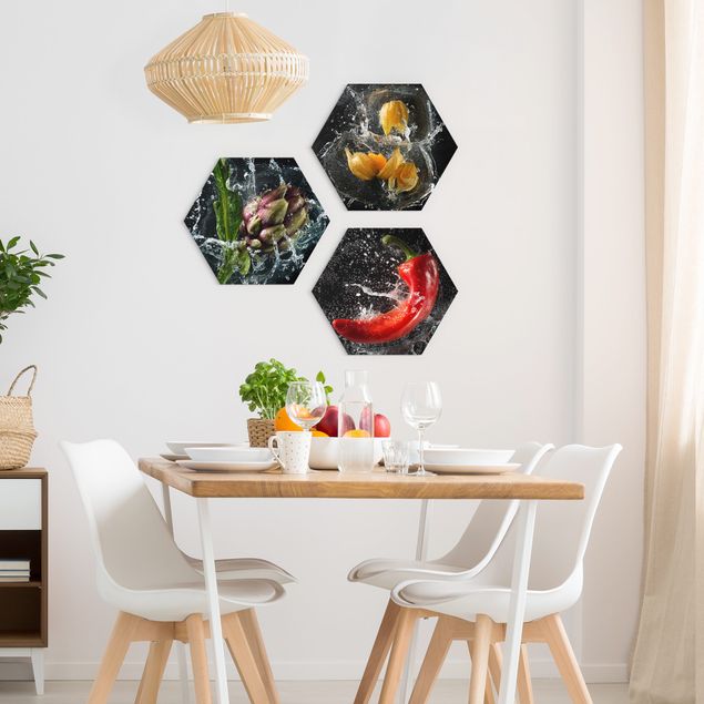 Hexagons Forex schilderijen - 3-delig Pepper artichoke Physalis Splash