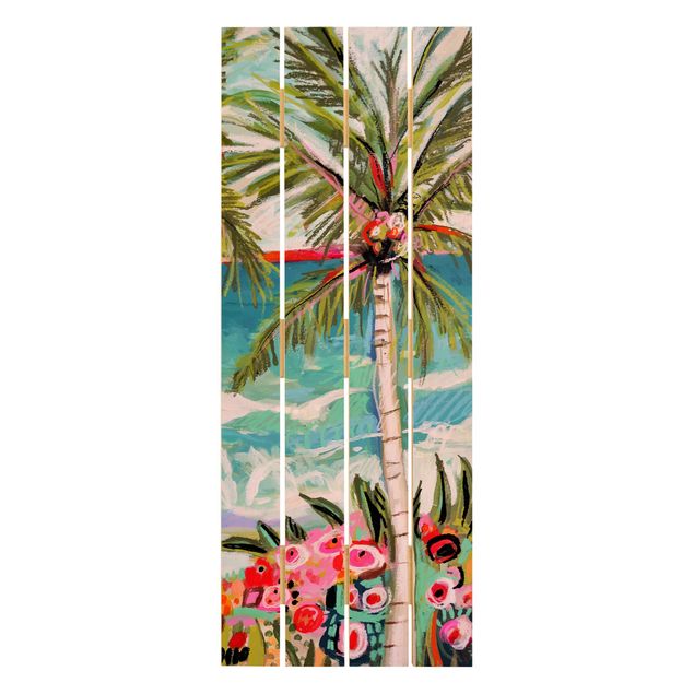 Houten schilderijen op plank Palm Tree With Pink Flowers II