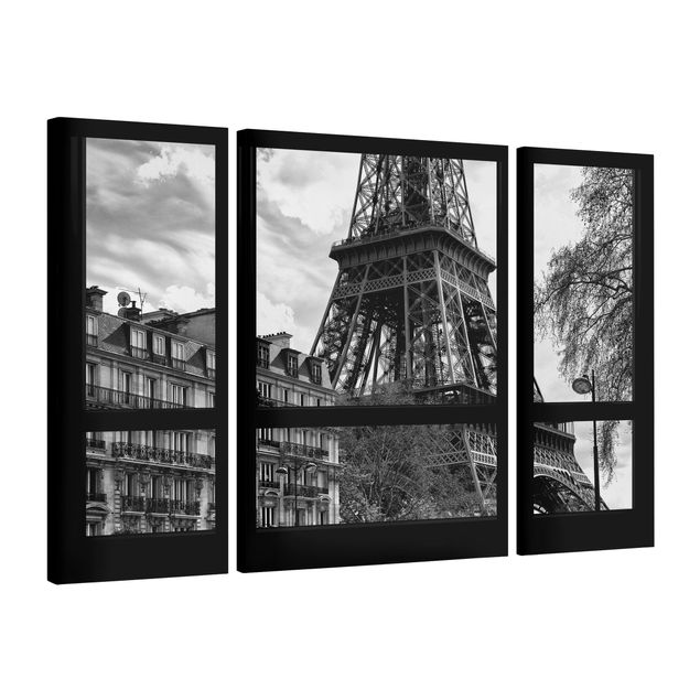 Canvas schilderijen - 3-delig Window view Paris - Near the Eiffel Tower black and white