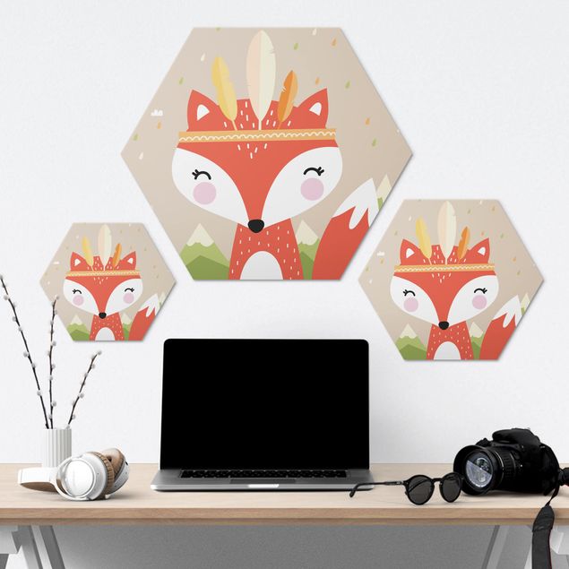 Hexagons Aluminium Dibond schilderijen Indian Fox
