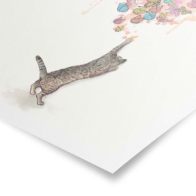 Posters Illustration Cat With Colourful Butterflies Painting