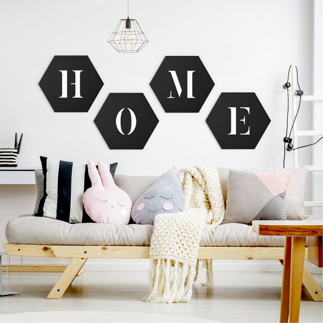 Hexagons Forex schilderijen - 4-delig Letters HOME White Set II