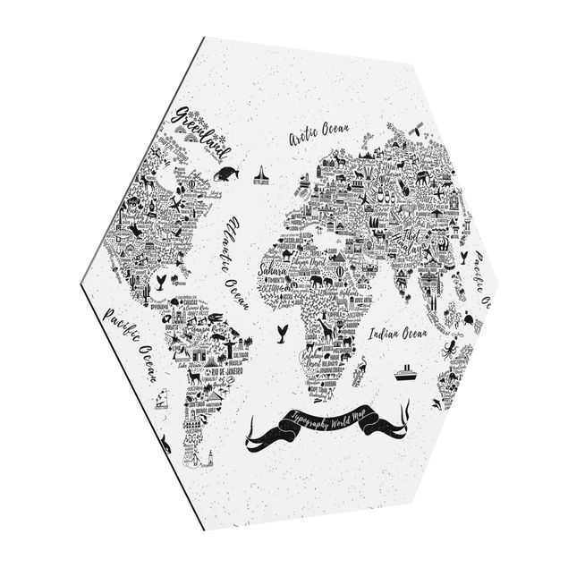 Hexagons Aluminium Dibond schilderijen Typography World Map White