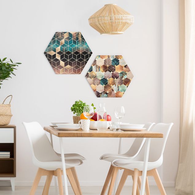 Hexagons Aluminium Dibond schilderijen - 2-delig Turquoise Geometry Golden Art Deco Set
