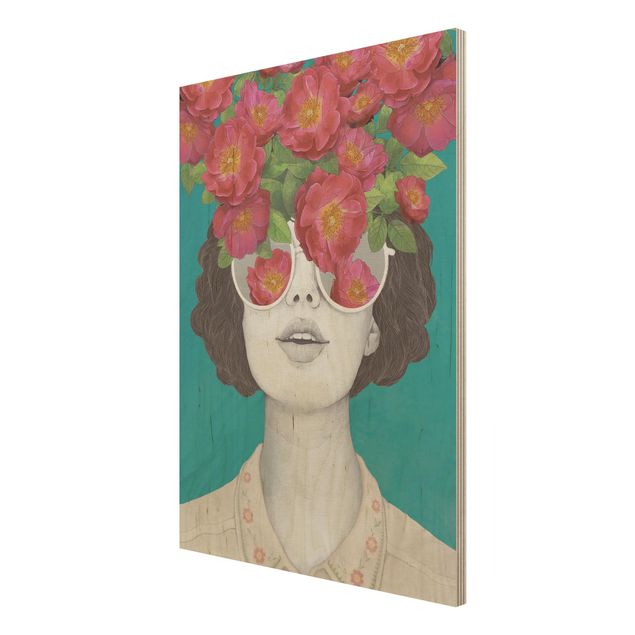 Houten schilderijen Illustration Portrait Woman Collage With Flowers Glasses