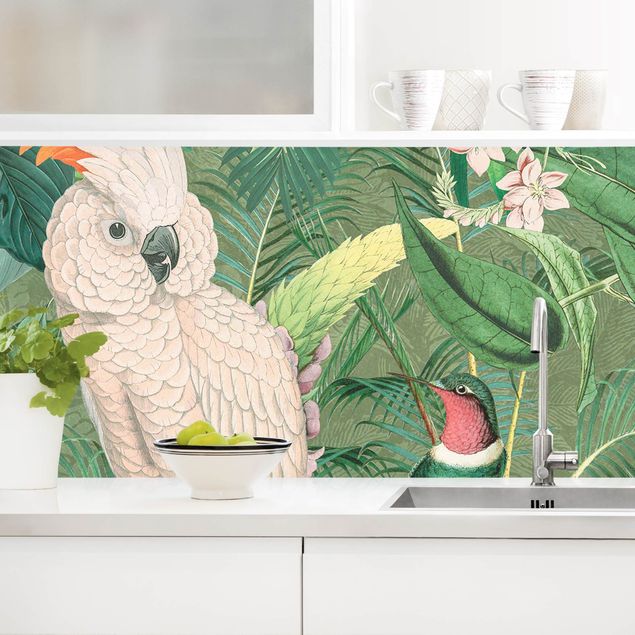 Achterwand voor keuken bloemen Vintage Collage - Kakadu And Hummingbird