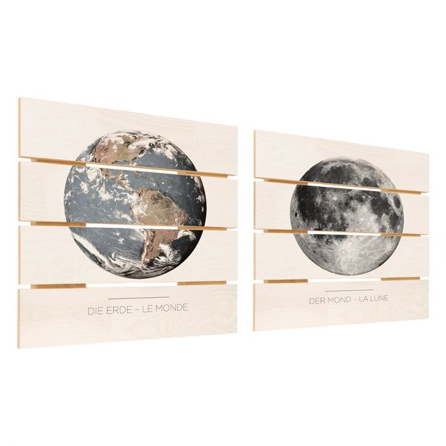 Houten schilderijen op plank - 2-delig Moon And Earth