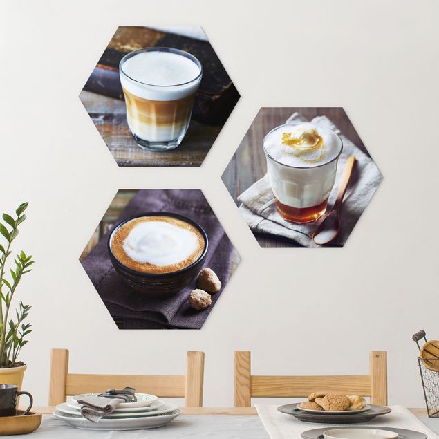 Hexagons Aluminium Dibond schilderijen - 3-delig Caffè Latte