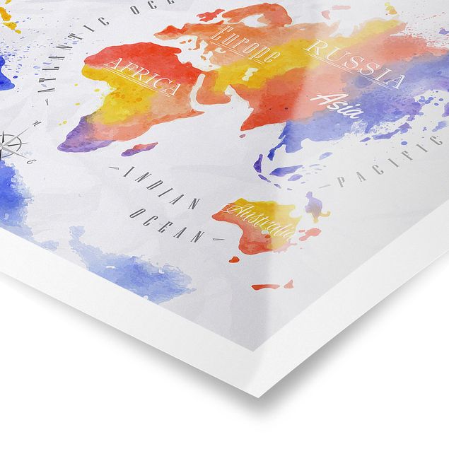 Posters World Map Watercolour Purple Red Yellow