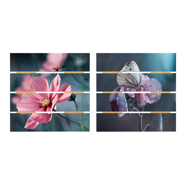 Houten schilderijen op plank - 2-delig Butterfly And Ladybug On Flowers