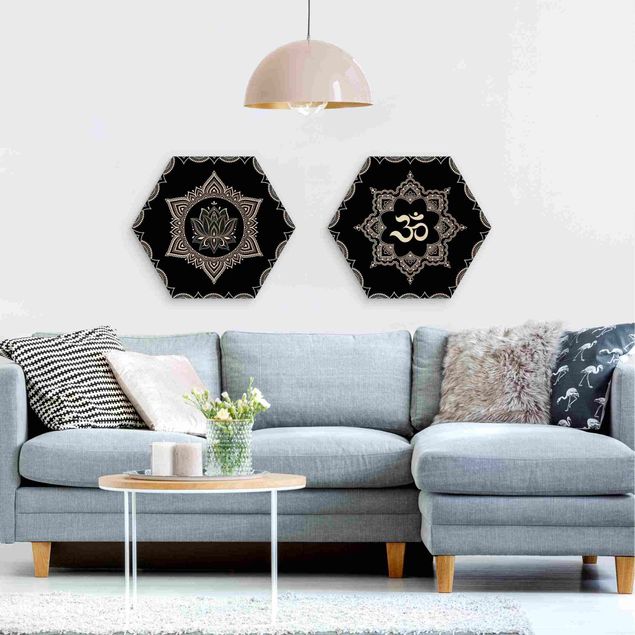 Hexagons houten schilderijen - 2-delig Lotus OM Illustration Set Black