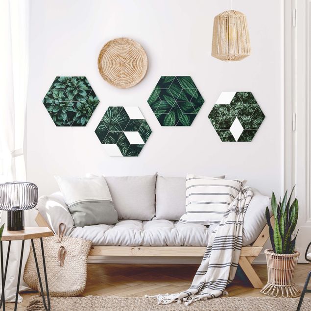 Hexagons Aluminium Dibond schilderijen - 4-delig Green Leaves Geometry Set I