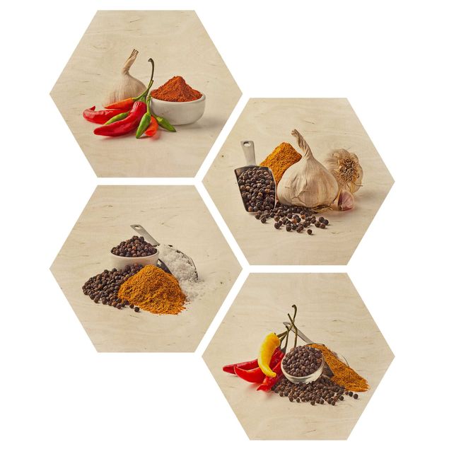 Hexagons houten schilderijen - 4-delig Chili garlic and spices - Sets