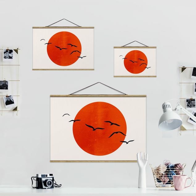 Stoffen schilderij met posterlijst Flock Of Birds In Front Of Red Sun I