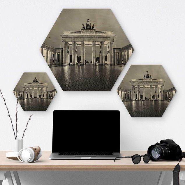 Hexagons houten schilderijen Illuminated Brandenburg Gate II