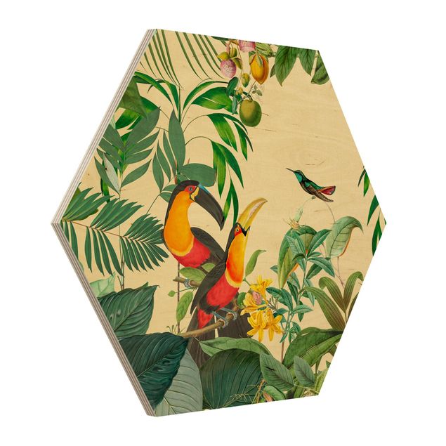Hexagons houten schilderijen Vintage Collage - Birds In The Jungle