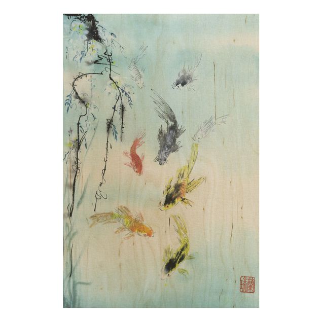 Houten schilderijen Japanese Watercolour Drawing Goldfish I