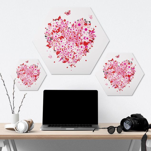 Hexagons Aluminium Dibond schilderijen Floral Retro Heart