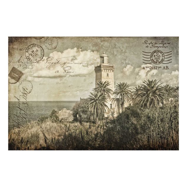 Spatscherm keuken Vintage Postcard With Lighthouse And Palm Trees